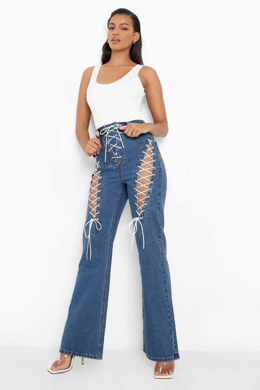 Lace Up Detail Bootcut Jeans | boohoo Lace Up Detail Bootcut Jeans | boohoo
